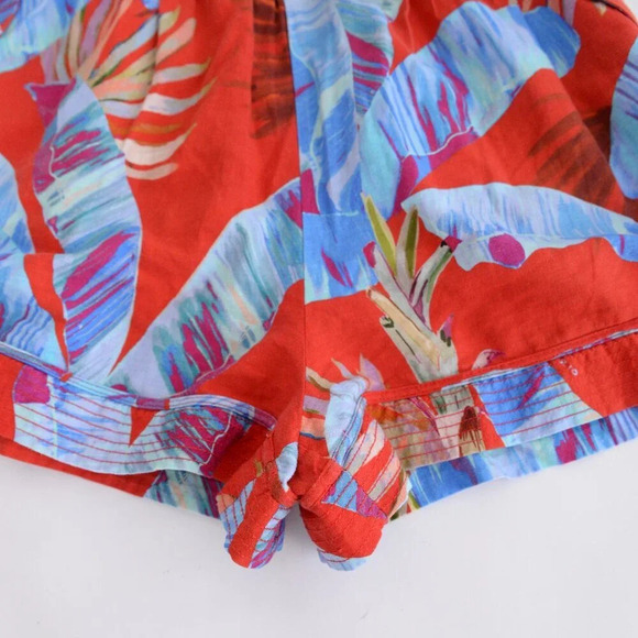 Farm Rio Red & Blue Floral Palm Tree 55% Linen Pull On High Waisted Shorts S - Picture 6 of 11